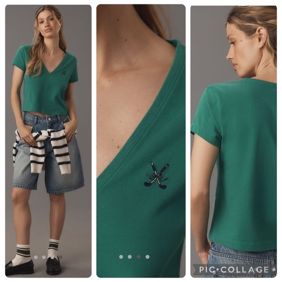 NWT new medium Anthropologie Maeve v neck tee shirt top embroidered golf green - Picture 6 of 17